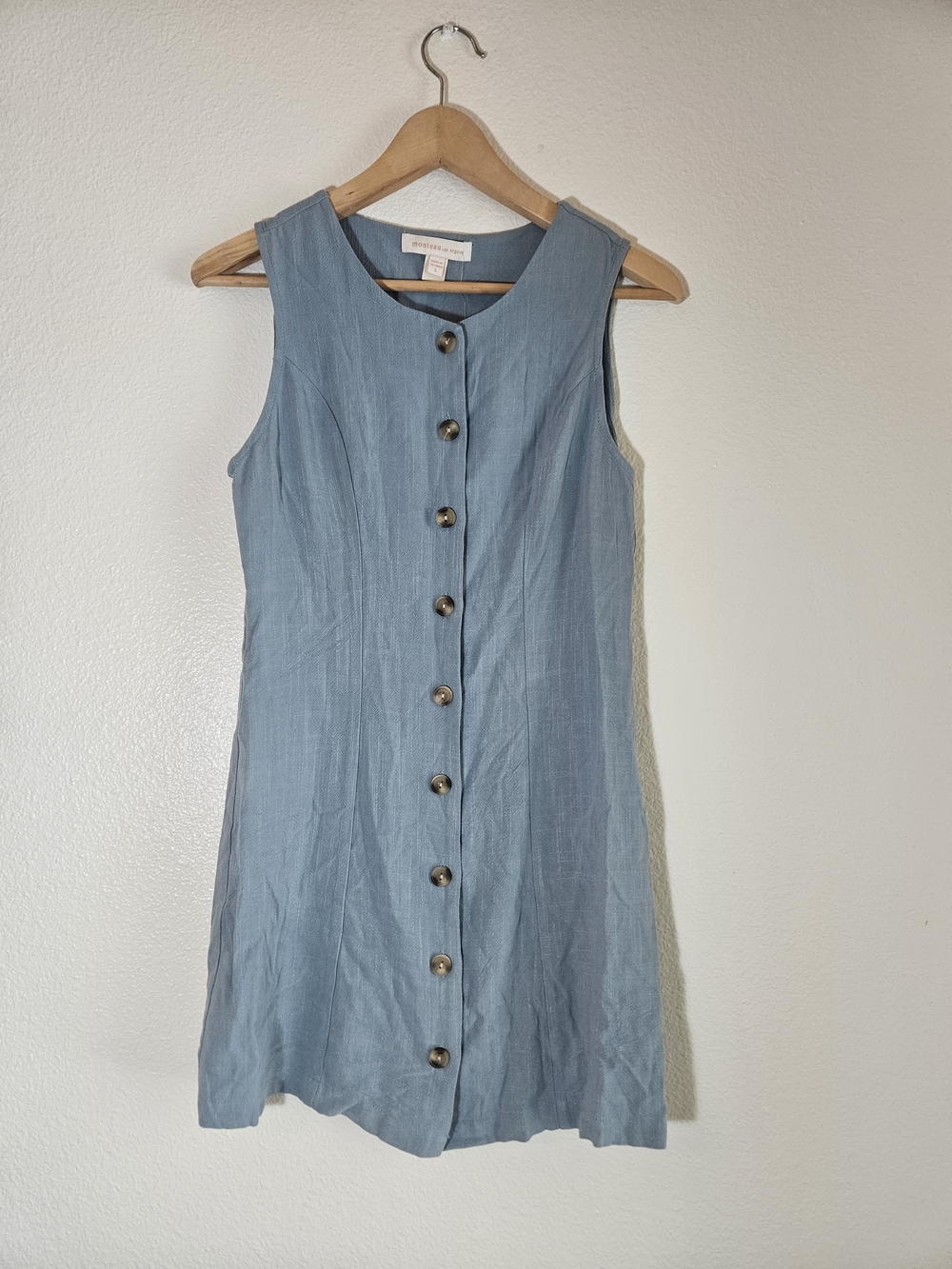 Linen Blend Sleeveless Button-Front Light Blue Midi Dress